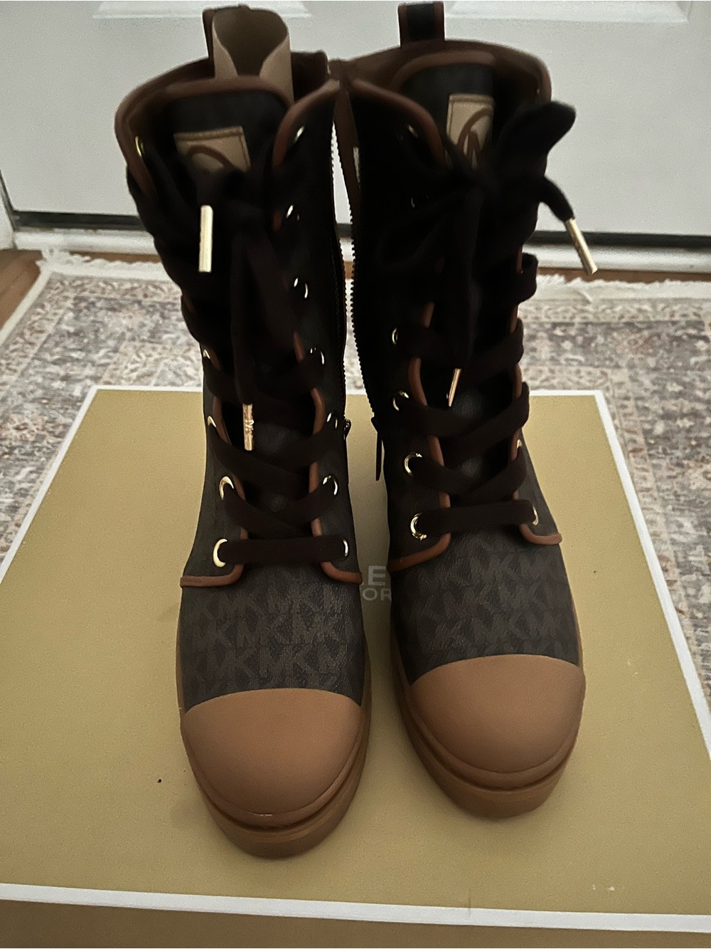 Michael Kors Dark Brown Logo Lace-Up Combat Boots with Tan Caps